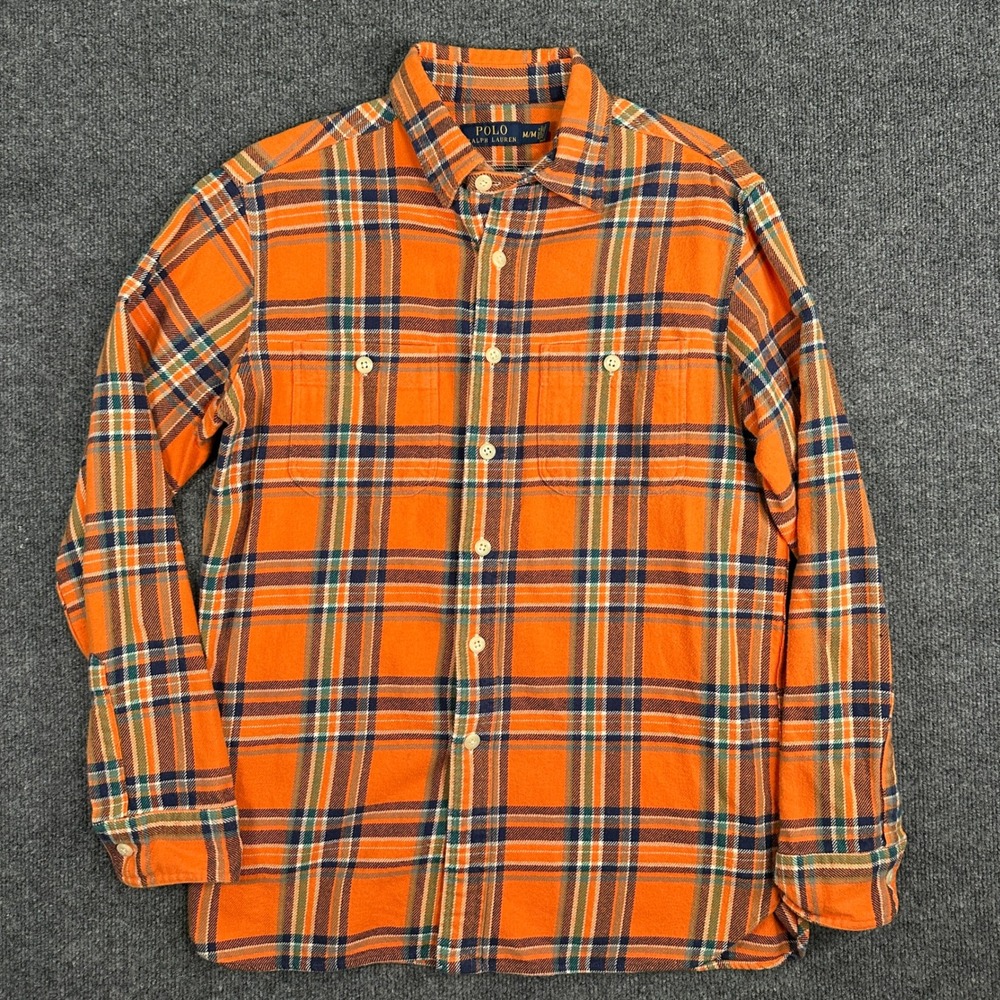 Polo Ralph Lauren Men's Orange Plaid Flannel Shirt Medium Long Sleeve Cotton M - Picture 7 of 8
